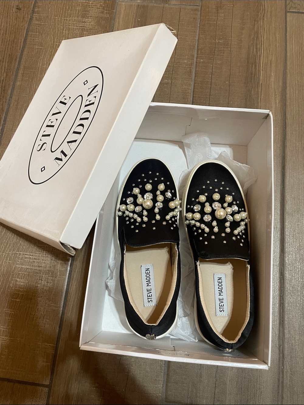 Steve Madden Black Pearl & Rhinestone Slip-On Sneakers